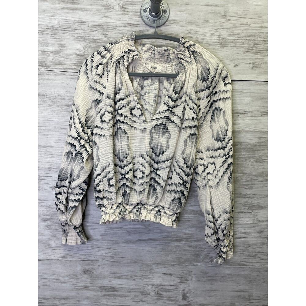 Porridge Clothing Anthropologie Top XS Textured Puff Sleeve V Neck Ivory Black